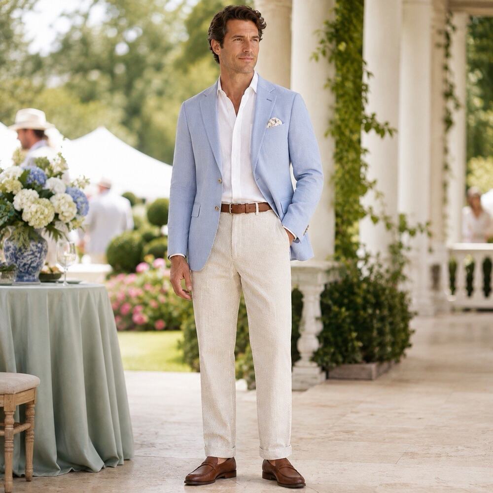 Haspel Mens 34R Seersucker Pants Tan White Stripe Cuffed Preppy Trad Trousers